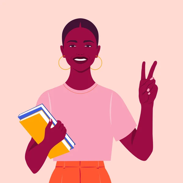 African Girl Smiles Shows Victory Sign Happy Student Books Hand — ストックベクタ