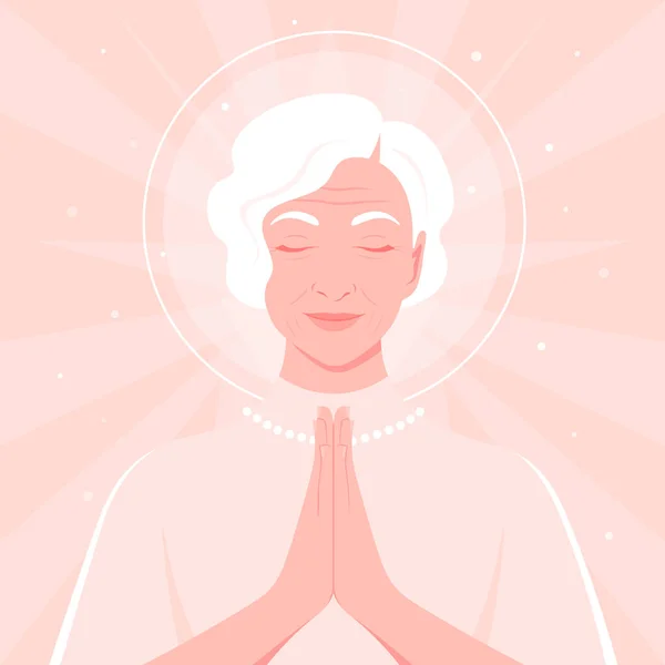 Modlitba Bohu Portrét Postarší Ženy Zavřenýma Očima Vektorové Ploché Ilustrace — Stockový vektor
