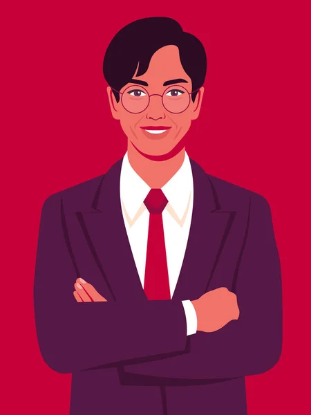 Retrato Hombre Asiático Feliz Con Los Brazos Cruzados Con Traje — Vector de stock