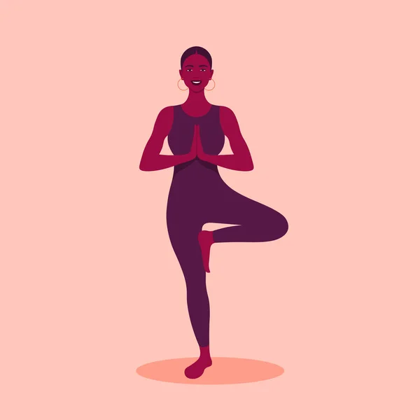 Una Mujer Africana Está Pie Una Pose Yoga Sobre Fondo — Archivo Imágenes Vectoriales