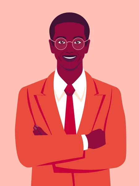 一个快乐的非洲男人的画像 他双臂交叉 身穿西装 办公室职业 矢量平面插图 — 图库矢量图片