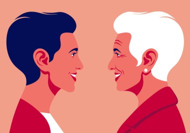 Yaşlı bir kadın ve genç bir kadının profilleri. Yüzler yan görünümde. Avatar. Vektör Düz Çizim