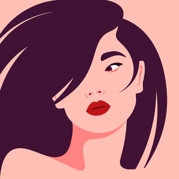 Portrait of a young asian woman. The girl is model. Fashion and beauty. Bright vector illustration in flat style.