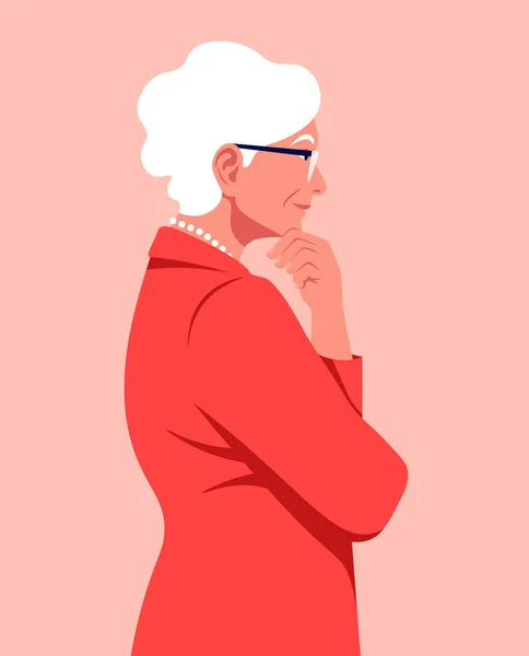 Profilde Dalgın Bir Kadının Portresi Yaşlı Bir Işçi Meditasyon Yapıyor — Stok Vektör