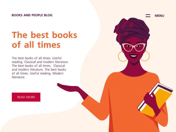 Afrikalı Kadın Kitapları Elinde Tutuyor Yazılı Yatay Afiş Kütüphane Için — Stok Vektör