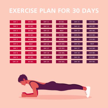 Profilde tahta pozlar veren güzel bir kadın. Evde fitness var. Spor egzersizleri. Masa, eğitim programı. 30 günlük plan. Vektör düz resimleme