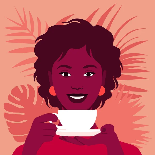 Afrikalı Bir Kadın Elinde Bir Fincan Çay Kahve Tutuyor Sıcak — Stok Vektör