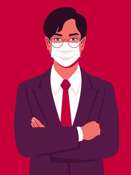 Retrato Homem Asiático Com Máscara Médica Empresário Bem Sucedido Está — Vetor de Stock