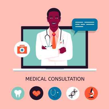 Laptop ekranında Afrikalı bir doktor. Çevrimiçi tıbbi danışmanlık ve destek. Simgelerle düz biçimli vektör illüstrasyonunu kavra.