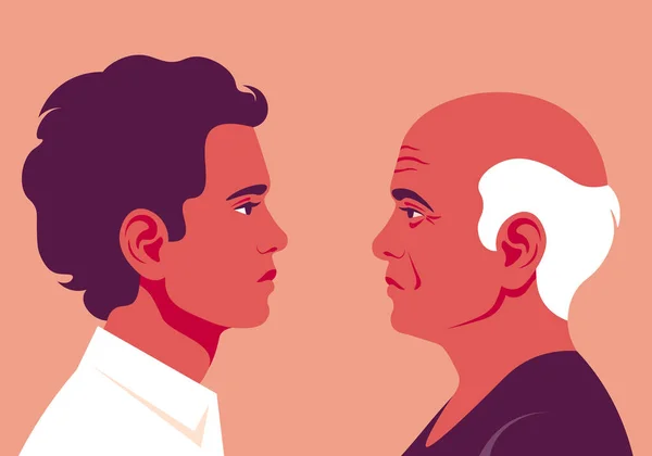 Yaşlı Genç Erkeklerin Profilleri Yüzler Yan Görünümde Avatar Vektör Düz — Stok Vektör