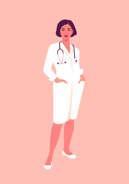 一位身穿医疗服的亚洲女医生 专业人员的全长肖像在医院或诊所工作 平面风格的概念向量说明 — 图库矢量图片