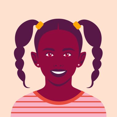 Mutlu bir Afrikalı kızın portresi. Gülümseyen bir çocuğun yüzü. Bir liseli kızın Avatar 'ı. Vektör düz resimleme