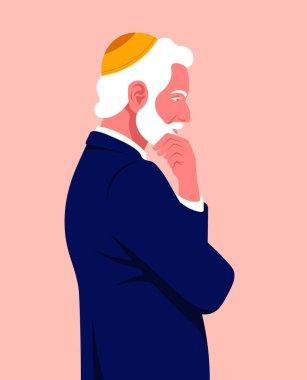 Profilde dalgın bir adamın portresi. Yaşlı bir işadamı ayakta duruyor. Yan görüş. İşle ilgili sorunlar. Vektör düz resimleme