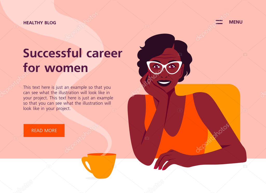 A happy African woman sits at the table and holds her head in her hand. The interesting work in office. Horizontal banner with text. Vector flat illustration