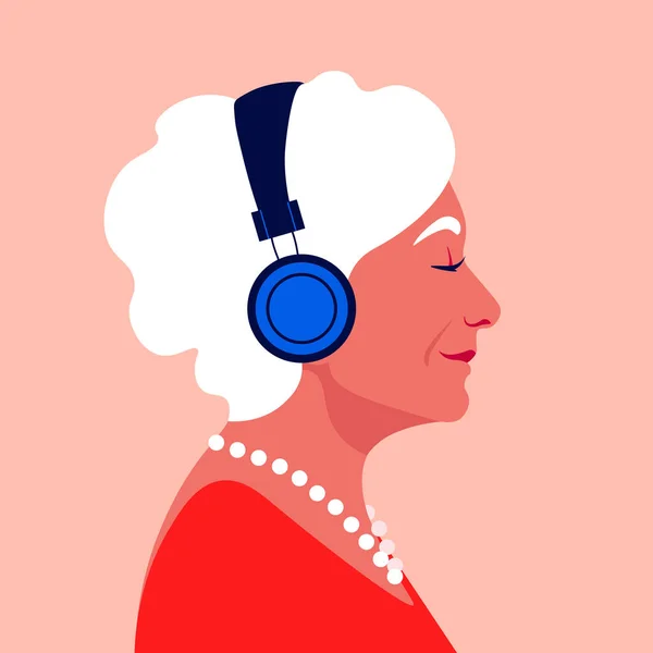 Anciana Escucha Música Los Auriculares Musicoterapia Perfil Las Abuelas Músico — Archivo Imágenes Vectoriales