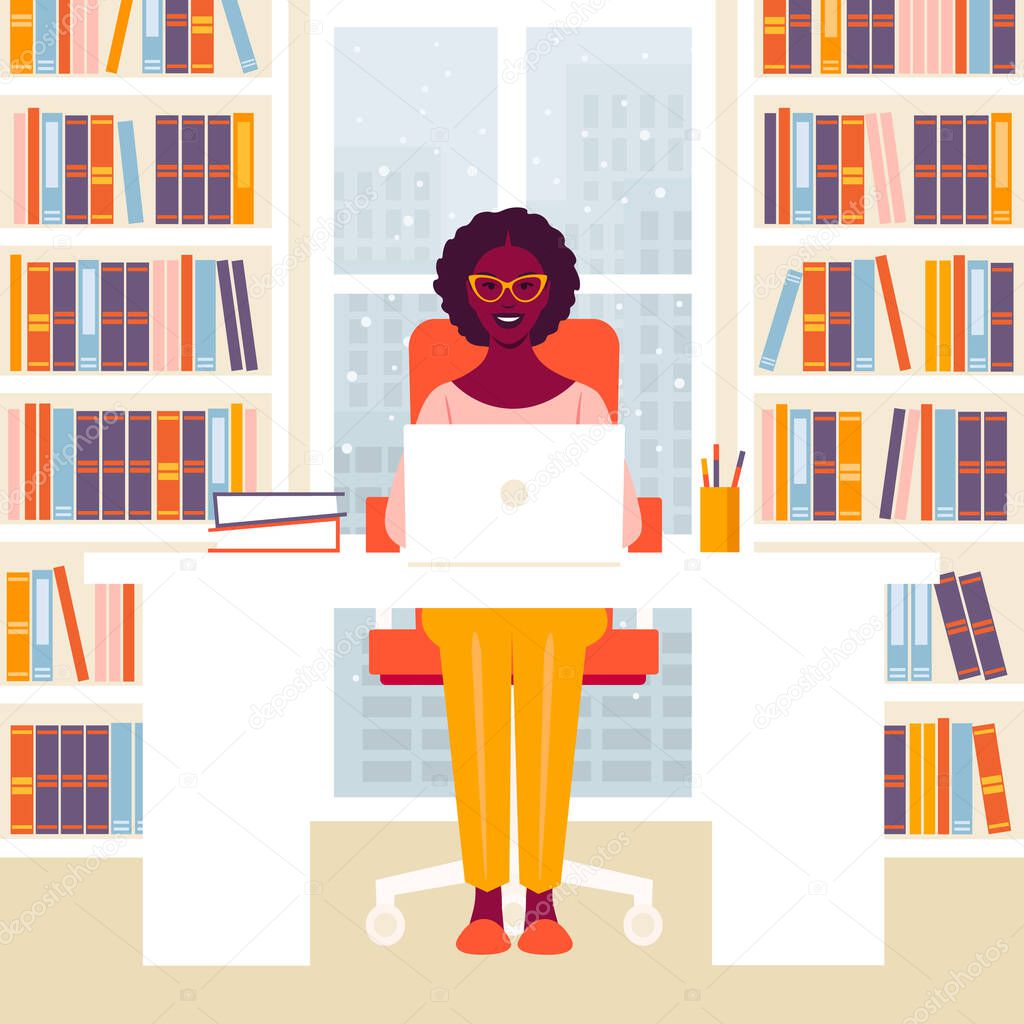 African woman sitting at a table. Working in the office with a window. Christmas and winter. Vector flat illustration