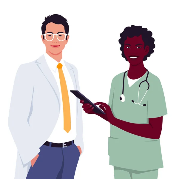 那位医生穿着一件白色的医疗外套 拿着石碑的非洲女人职业 在线诊断和治疗疾病 Coronavirus 矢量平面插图 — 图库矢量图片
