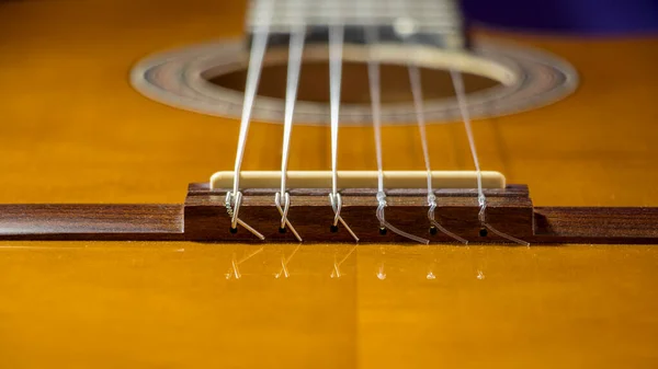 橋のカラフルな肖像画や音楽的なテーマのためのアコースティックギターの弦の背景 — ストック写真