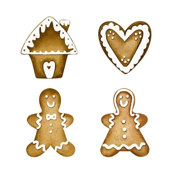 Set Cute Gingerbread Cookies Christmas Isolated White Background — Stock Vector