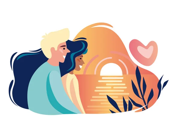 Ρομαντικό Ζευγάρι Ένας Άνδρας Και Μια Γυναίκα Βλέποντας Ηλιοβασίλεμα Στη — Διανυσματικό Αρχείο