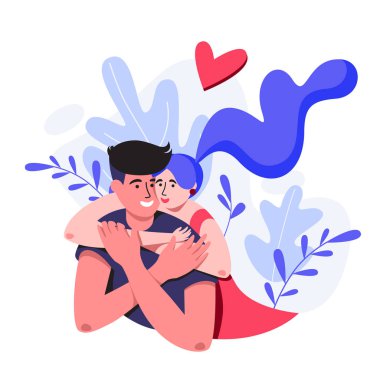 Büyük yaprakları ile doğal zemin üzerine çift sarılma. Sevgililer günü kartı. Şirin çift aşık. Vektör çizim el tarzı çizilmiş.