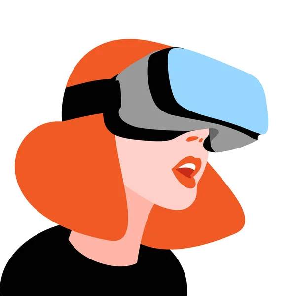 Opgewonden Vrouw Dragen Helm Voor Ruimte Simulatie Digitale Games Haar — Stockvector