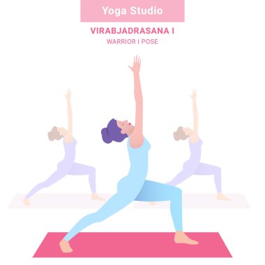 Ben poz Virabjadrasana ı. savaşçı. Yoga stüdyosu. Vektör yoga
