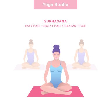 Sukhasana, kolay poz / iyi poz / keyifli poz. Yoga stüdyosu. Vektör yoga