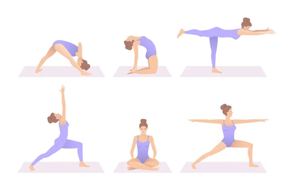 El yoga posa. Ilustración vectorial de diferentes variaciones de coloridas asanas. Yoga en el estudio, las mujeres hacen yoga, esterillas de yoga . — Archivo Imágenes Vectoriales