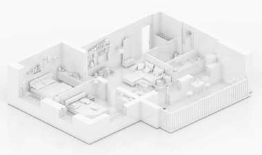 Bir şekilde döşenmiş ev daire, beyaz kağıt modeli alay