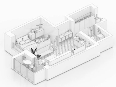 Beyaz bir arka plan üzerinde çizim kat planı sahte bir şekilde döşenmiş ev daire sıraya girin