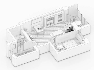 Beyaz bir arka plan üzerinde çizim kat planı sahte bir şekilde döşenmiş ev daire sıraya girin