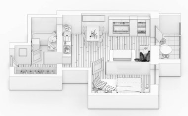 Beyaz bir arka plan üzerinde çizim kat planı sahte bir şekilde döşenmiş ev daire sıraya girin