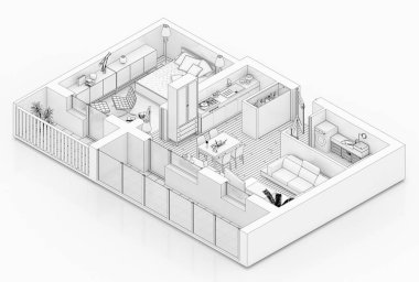Beyaz bir arka plan üzerinde çizim kat planı sahte bir şekilde döşenmiş ev daire sıraya girin