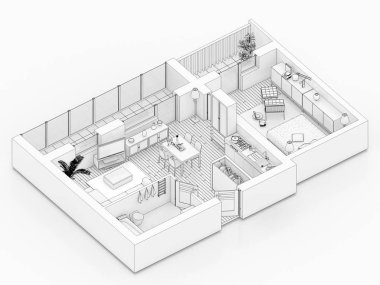 Beyaz bir arka plan üzerinde çizim kat planı sahte bir şekilde döşenmiş ev daire sıraya girin