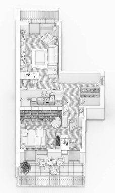 Beyaz bir arka plan üzerinde çizim kat planı sahte bir şekilde döşenmiş ev daire sıraya girin