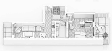 Beyaz bir arka plan üzerinde çizim kat planı sahte bir şekilde döşenmiş ev daire sıraya girin