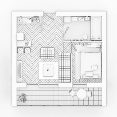 Beyaz bir arka plan üzerinde çizim kat planı sahte bir şekilde döşenmiş ev daire sıraya girin