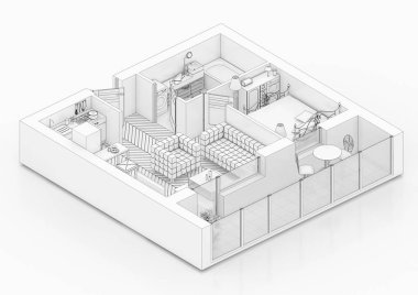 Beyaz bir arka plan üzerinde çizim kat planı sahte bir şekilde döşenmiş ev daire sıraya girin