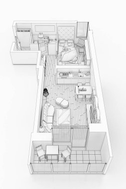 Beyaz bir arka plan üzerinde çizim kat planı sahte bir şekilde döşenmiş ev daire sıraya girin