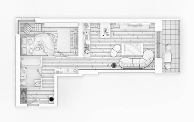 Beyaz bir arka plan üzerinde çizim kat planı sahte bir şekilde döşenmiş ev daire sıraya girin