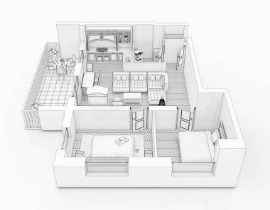 Beyaz bir arka plan üzerinde çizim kat planı sahte bir şekilde döşenmiş ev daire sıraya girin