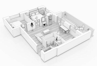Beyaz bir arka plan üzerinde çizim kat planı sahte bir şekilde döşenmiş ev daire sıraya girin