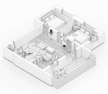 Beyaz bir arka plan üzerinde çizim kat planı sahte bir şekilde döşenmiş ev daire sıraya girin
