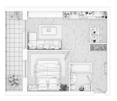 Beyaz bir arka plan üzerinde çizim kat planı sahte bir şekilde döşenmiş ev daire sıraya girin