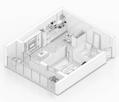 Beyaz bir arka plan üzerinde çizim kat planı sahte bir şekilde döşenmiş ev daire sıraya girin