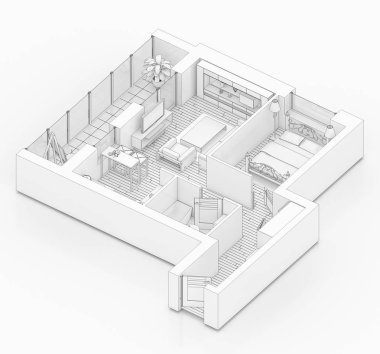 Beyaz bir arka plan üzerinde çizim kat planı sahte bir şekilde döşenmiş ev daire sıraya girin