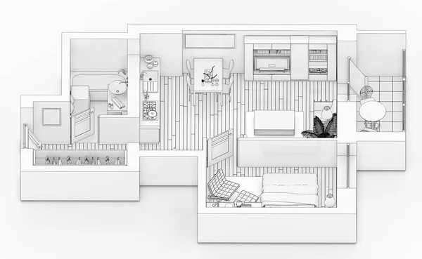 Plano Planta Dibujo Línea Sobre Fondo Blanco Burlan Apartamento Amueblado — Foto de Stock