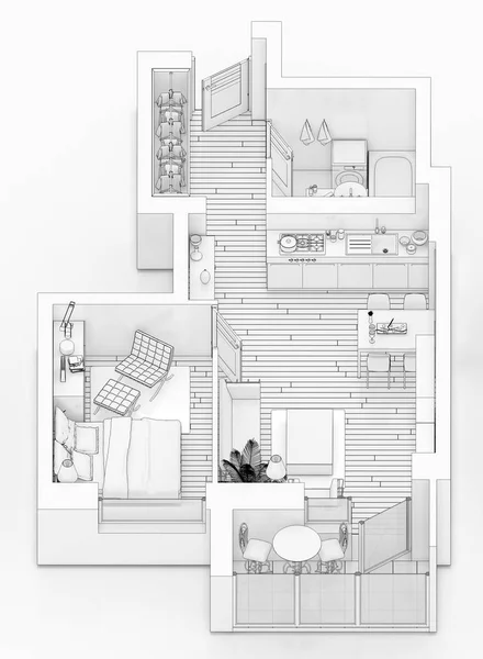 Plano Planta Dibujo Línea Sobre Fondo Blanco Burlan Apartamento Amueblado — Foto de Stock