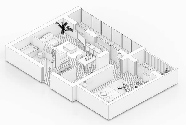Γραμμή Σχεδίασης Κάτοψη Λευκό Φόντο Πλαστή Μέχρι Επιπλωμένο Σπίτι Διαμέρισμα — Φωτογραφία Αρχείου